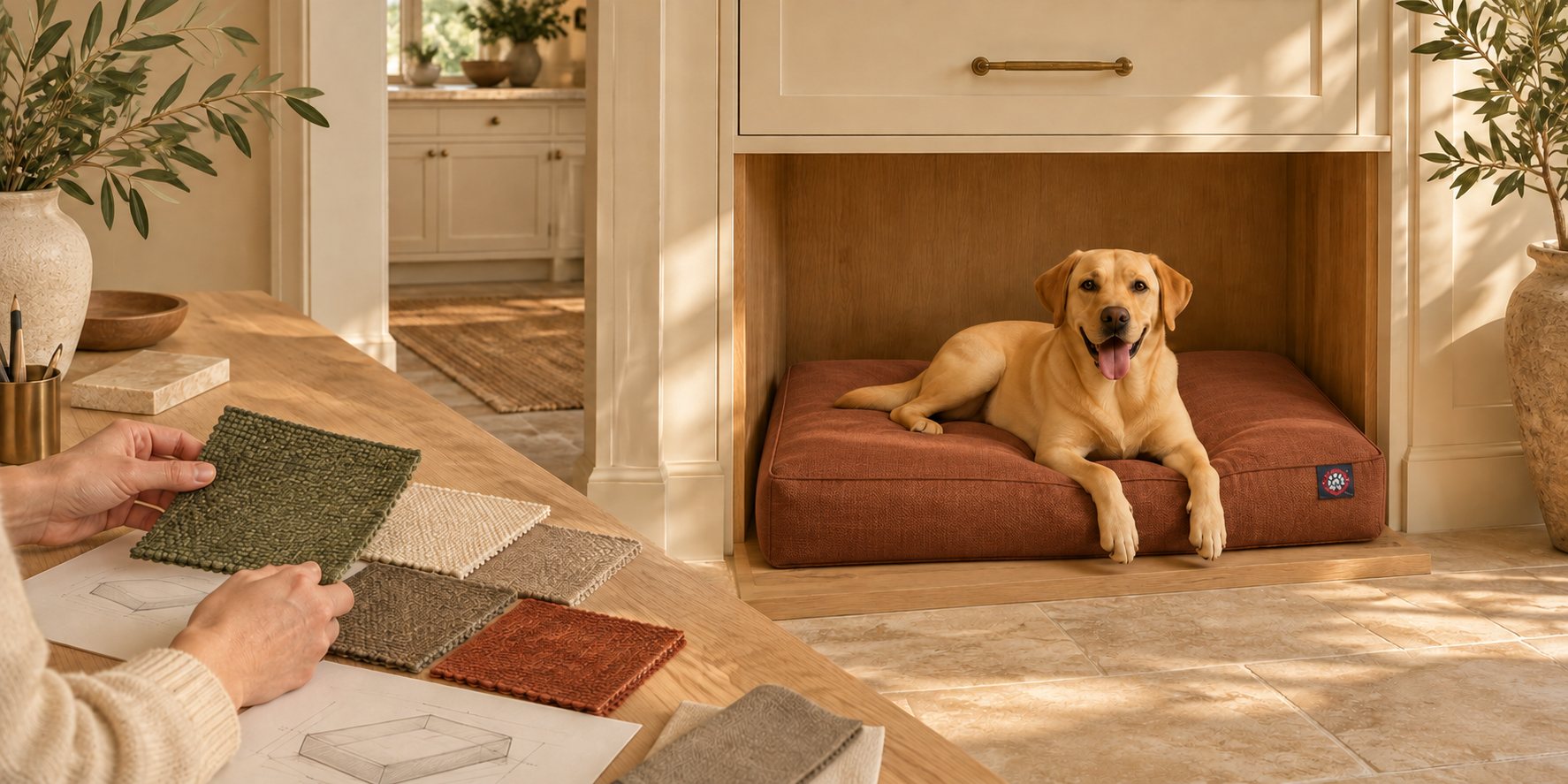 A designer compares custom-bed fabric swatches beside a dog resting in a fitted built-in bed nook
