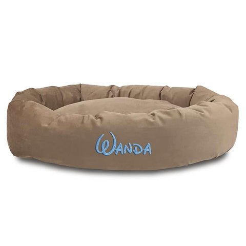Stone faux suede bagel dog bed personalized with embroidered pet name