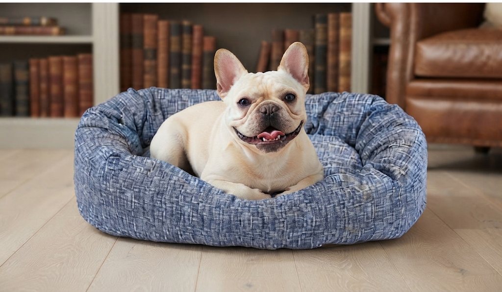 French bulldog resting in a Majestic Pet blue-gray bagel bed