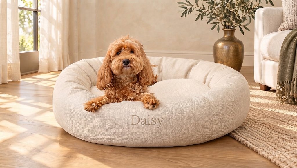 Daisy, a curly-coated dog, resting on a personalized cream Majestic Pet bagel bed in a warm living room