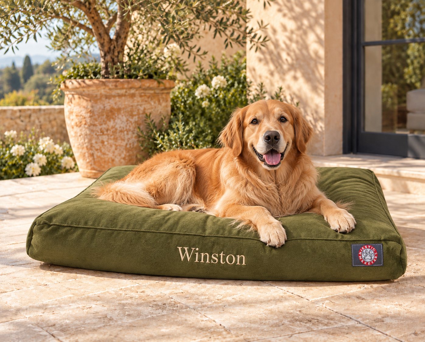Golden Retriever on an olive-green Majestic Pet rectangle bed personalized with Winston